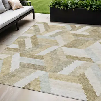 5' X 8' Tan Geometric Washable Indoor Outdoor Area Rug