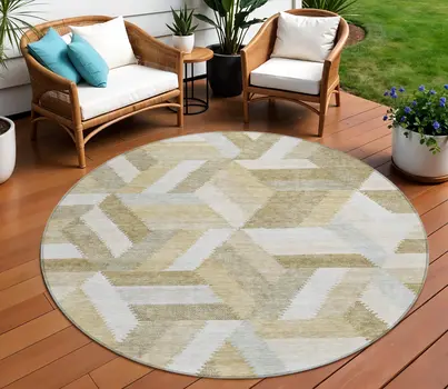 8' Tan Round Geometric Washable Indoor Outdoor Area Rug