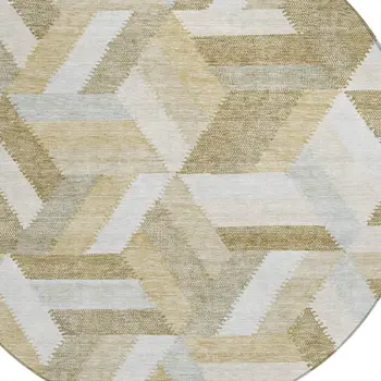 8' Tan Round Geometric Washable Indoor Outdoor Area Rug