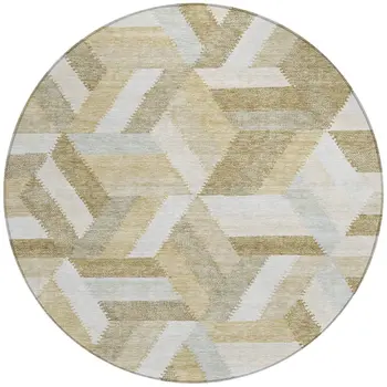 8' Tan Round Geometric Washable Indoor Outdoor Area Rug