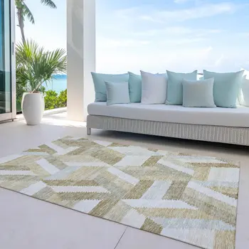 10' X 14' Tan Geometric Washable Indoor Outdoor Area Rug