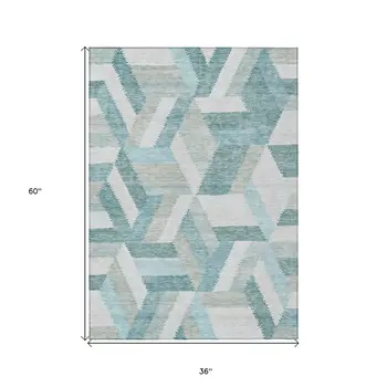 3' X 5' Teal Blue Geometric Washable Indoor Outdoor Area Rug