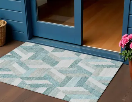 3' X 5' Teal Blue Geometric Washable Indoor Outdoor Area Rug