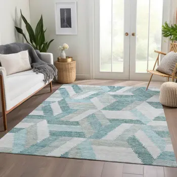 3' X 5' Teal Blue Geometric Washable Indoor Outdoor Area Rug