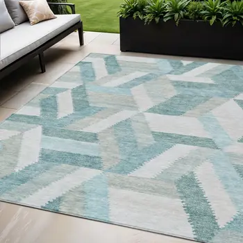 5' X 8' Teal Blue Geometric Washable Indoor Outdoor Area Rug