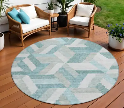 8' Teal Blue Round Geometric Washable Indoor Outdoor Area Rug