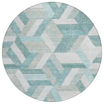 8' Teal Blue Round Geometric Washable Indoor Outdoor Area Rug