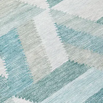 8' Teal Blue Round Geometric Washable Indoor Outdoor Area Rug
