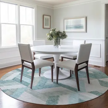 8' Teal Blue Round Geometric Washable Indoor Outdoor Area Rug