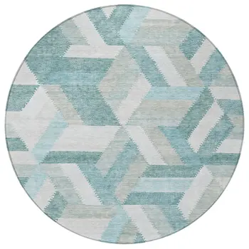 8' Teal Blue Round Geometric Washable Indoor Outdoor Area Rug