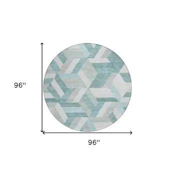 8' Teal Blue Round Geometric Washable Indoor Outdoor Area Rug