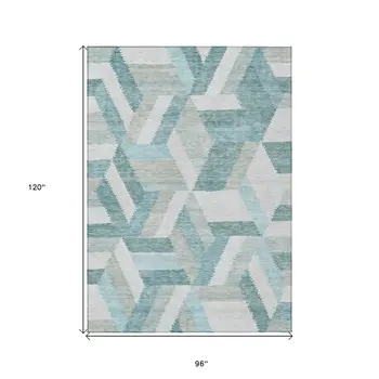 8' X 10' Teal Blue Geometric Washable Indoor Outdoor Area Rug