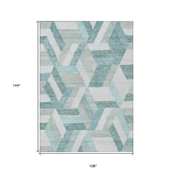 9' X 12' Teal Blue Geometric Washable Indoor Outdoor Area Rug