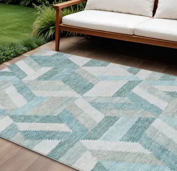 9' X 12' Teal Blue Geometric Washable Indoor Outdoor Area Rug