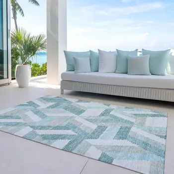 9' X 12' Teal Blue Geometric Washable Indoor Outdoor Area Rug