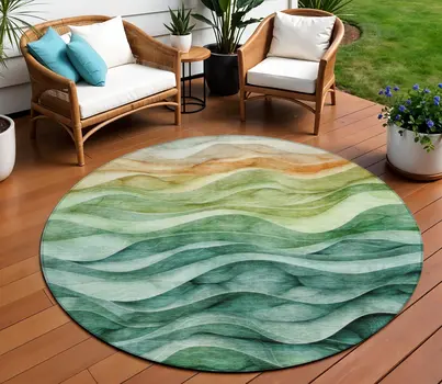 8' Teal Blue Round Abstract Washable Indoor Outdoor Area Rug