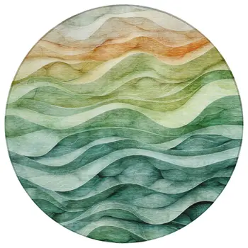 8' Teal Blue Round Abstract Washable Indoor Outdoor Area Rug