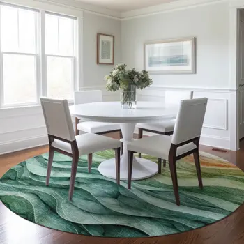 8' Teal Blue Round Abstract Washable Indoor Outdoor Area Rug