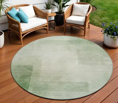 8' Artichoke Green Round Geometric Washable Indoor Outdoor Area Rug