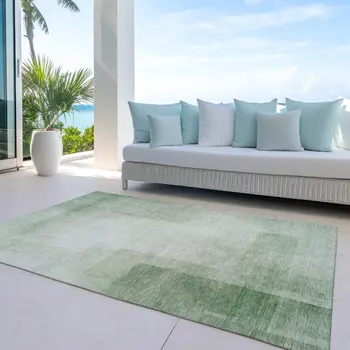 9' X 12' Artichoke Green Geometric Washable Indoor Outdoor Area Rug
