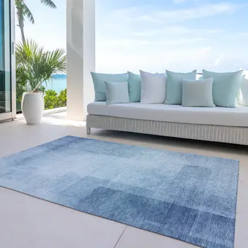 3' X 5' Blue Geometric Washable Indoor Outdoor Area Rug