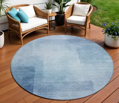 8' Blue Round Geometric Washable Indoor Outdoor Area Rug