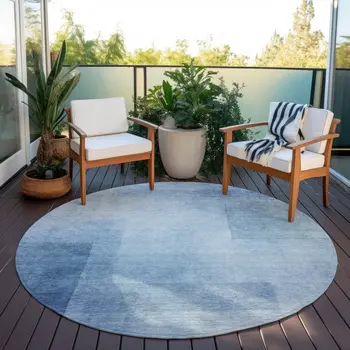 8' Blue Round Geometric Washable Indoor Outdoor Area Rug