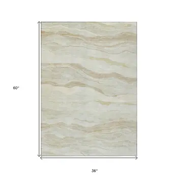 3' X 5' Beige Striped Washable Indoor Outdoor Area Rug