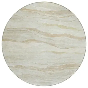 8' Beige Round Striped Washable Indoor Outdoor Area Rug
