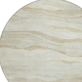 8' Beige Round Striped Washable Indoor Outdoor Area Rug