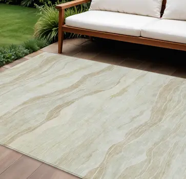 8' X 10' Beige Striped Washable Indoor Outdoor Area Rug