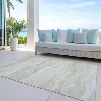 8' X 10' Beige Striped Washable Indoor Outdoor Area Rug