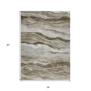3' X 5' Brown Striped Washable Indoor Outdoor Area Rug