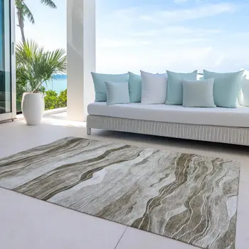 3' X 5' Brown Striped Washable Indoor Outdoor Area Rug