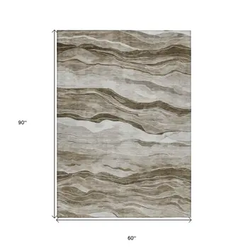5' X 8' Brown Striped Washable Indoor Outdoor Area Rug
