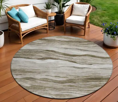 8' Brown Round Striped Washable Indoor Outdoor Area Rug