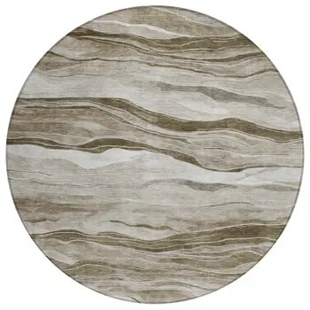 8' Brown Round Striped Washable Indoor Outdoor Area Rug
