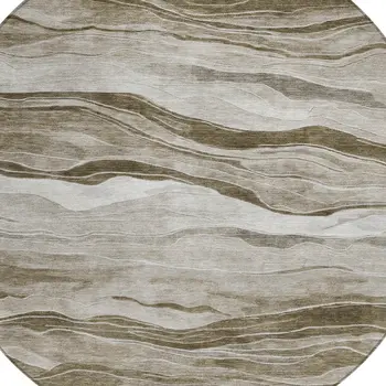 8' Brown Round Striped Washable Indoor Outdoor Area Rug