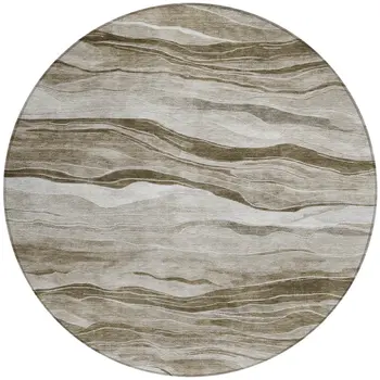 8' Brown Round Striped Washable Indoor Outdoor Area Rug