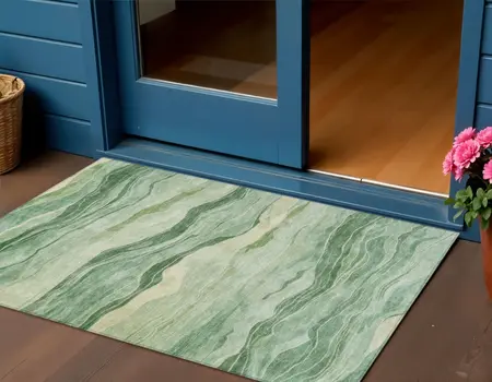 3' X 5' Green Striped Washable Indoor Outdoor Area Rug