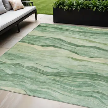5' X 8' Green Striped Washable Indoor Outdoor Area Rug