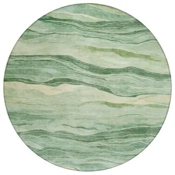 8' Green Round Striped Washable Indoor Outdoor Area Rug