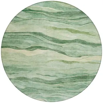 8' Green Round Striped Washable Indoor Outdoor Area Rug