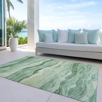8' X 10' Green Striped Washable Indoor Outdoor Area Rug