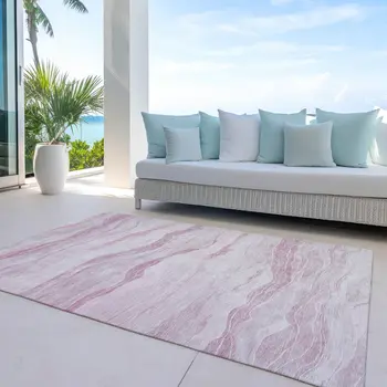 9' X 12' Pink Striped Washable Indoor Outdoor Area Rug