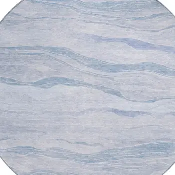8' Sky Blue Round Striped Washable Indoor Outdoor Area Rug
