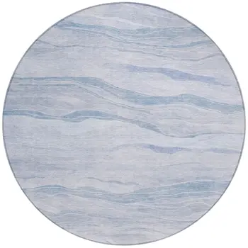 8' Sky Blue Round Striped Washable Indoor Outdoor Area Rug