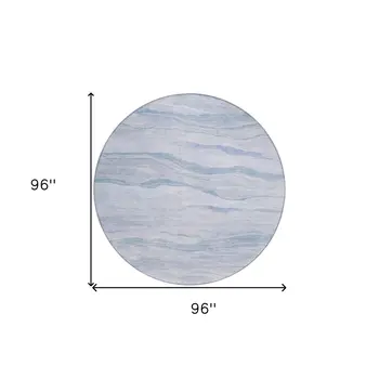 8' Sky Blue Round Striped Washable Indoor Outdoor Area Rug