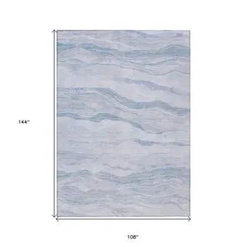 9' X 12' Sky Blue Striped Washable Indoor Outdoor Area Rug