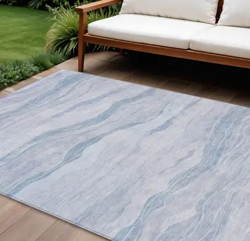 10' X 14' Sky Blue Striped Washable Indoor Outdoor Area Rug